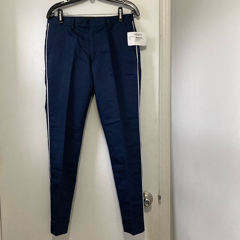 Calvin Klein Navy Blue Men's Dress Pants with White Side Stripe